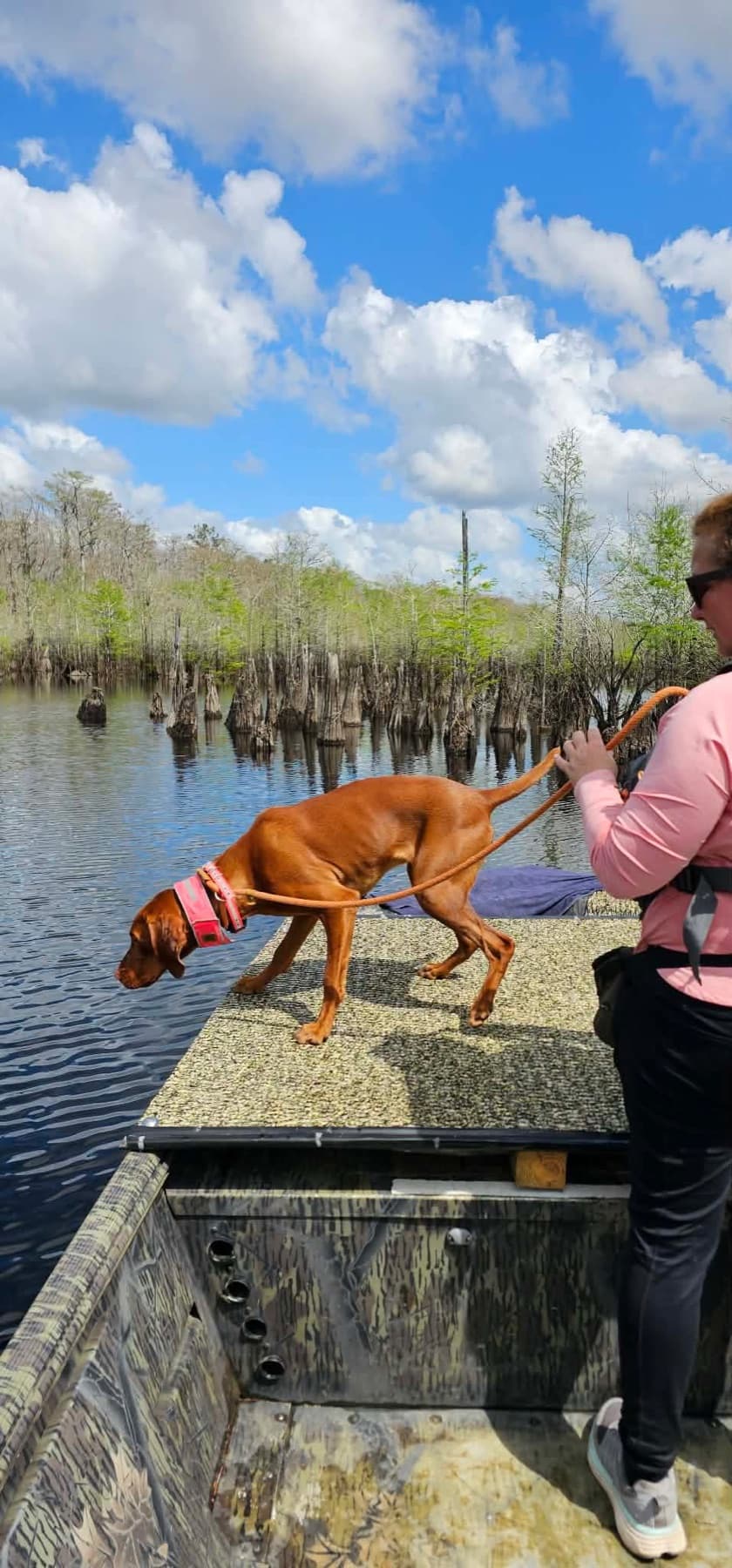 Certified cadaver K-9 and handler working from a boat across open water.