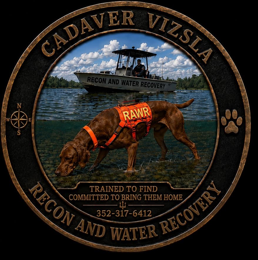 Cadaver Vizsla recon and water recovery emblem — a certified Vizsla K-9 in a RAWR harness working a shoreline with a recovery boat behind, motto: trained to find, committed to bring them home.